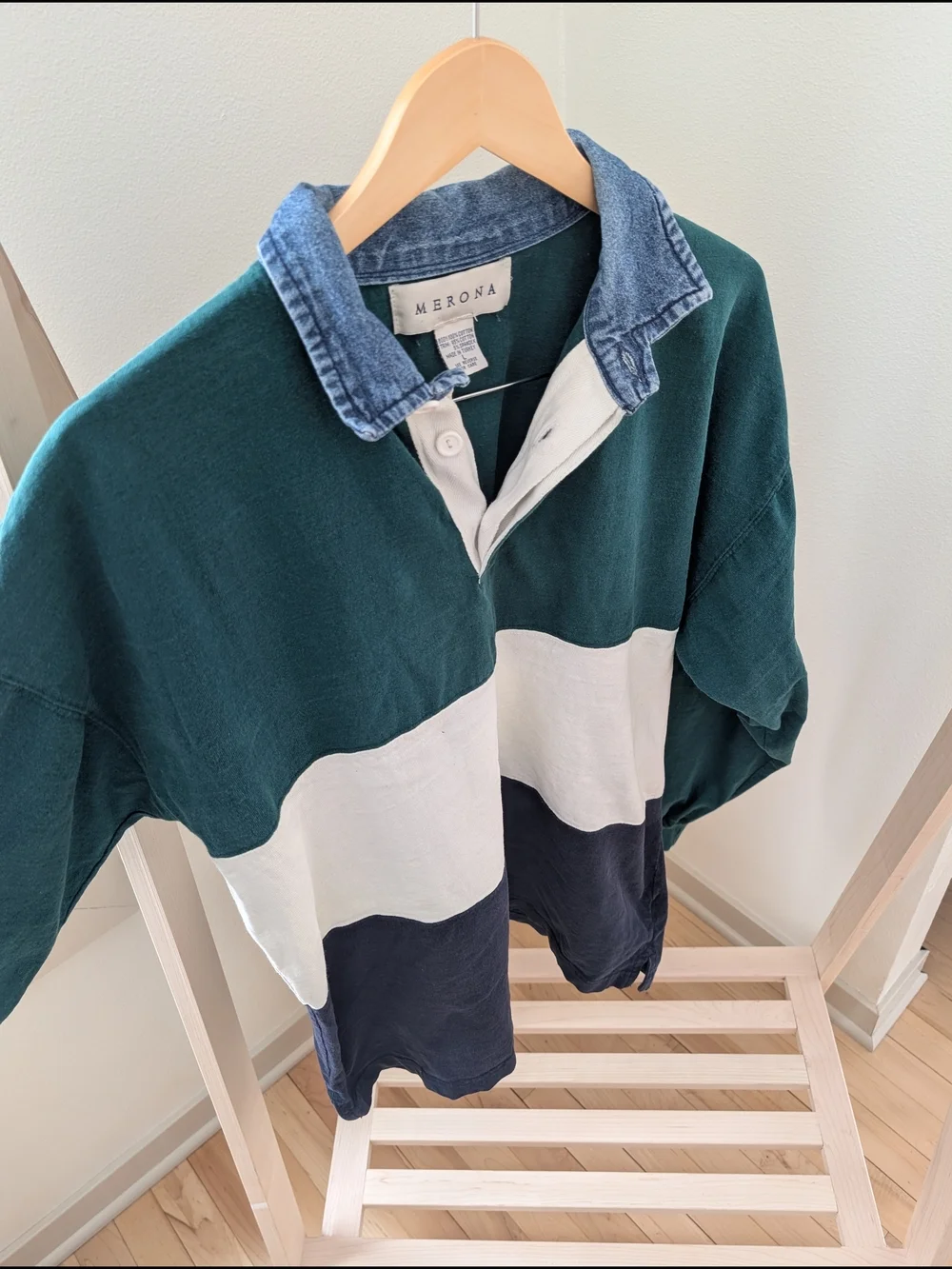 Vintage 90's Colorblock Denim Collared Long-Sleeve Polo Shirt in Green/Blue - Picture 3 of 5
